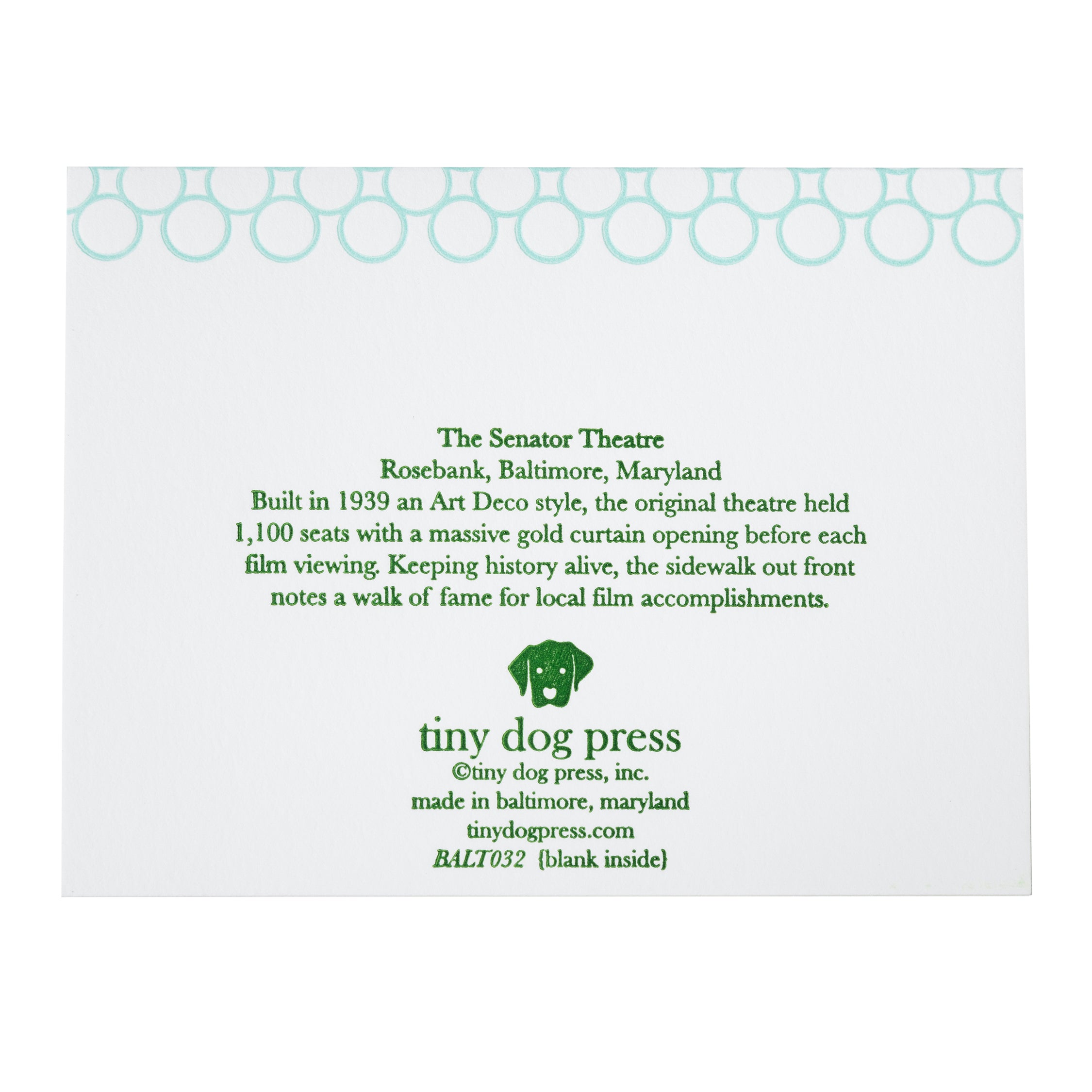 Baltimore Maryland | Senator Theatre | Letterpress City Card